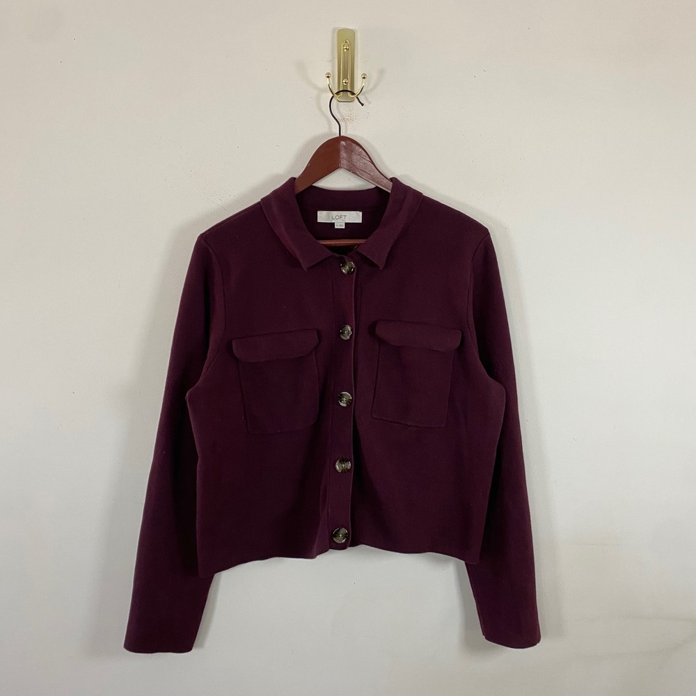 Loft Burgundy Button Up Cropped Cardigan Sweater Collared‎ XL Chest Pockets